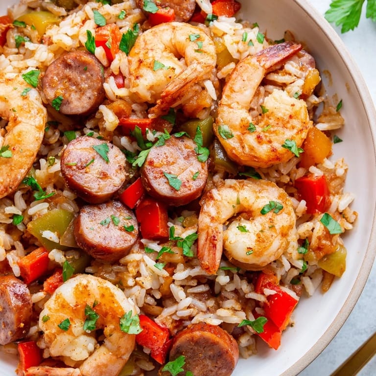 A steaming, flavorful Jambalaya Skillet with shrimp and smoky sausage, perfect for a cozy dinner.