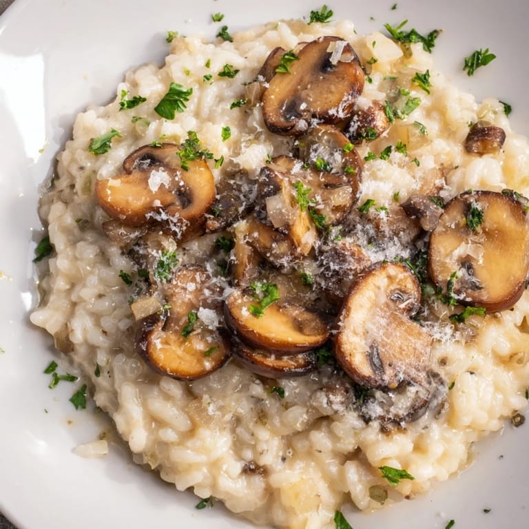 Close-up of golden-brown mushroom risotto, showcasing the creamy texture and rich flavors.