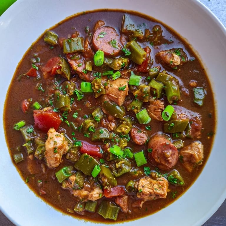 Homemade Gumbo Okra Soup simmering gently, showcasing the beautiful dark roux and hearty ingredients.