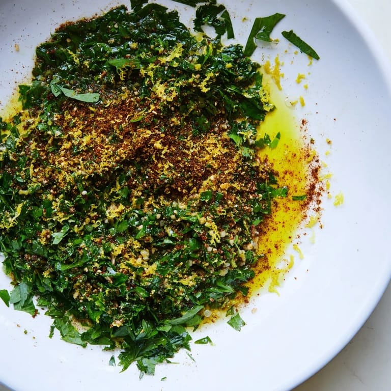 Vibrant photo reveals the intensely fragrant Moroccan Chermoula Marinade, ready to elevate fish with fresh herbs and spices.