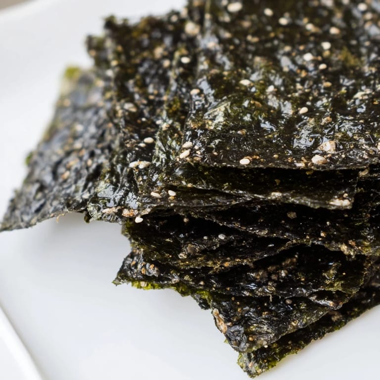 Light, savory roasted seaweed chips cooling on a sheet, perfect for dipping or topping.
