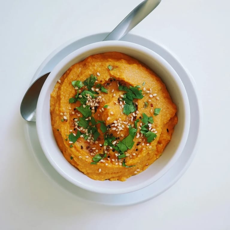 Vibrant roasted carrot and fresh ginger dip served in a rustic bowl, topped with sesame seeds and fresh herbs for dipping.