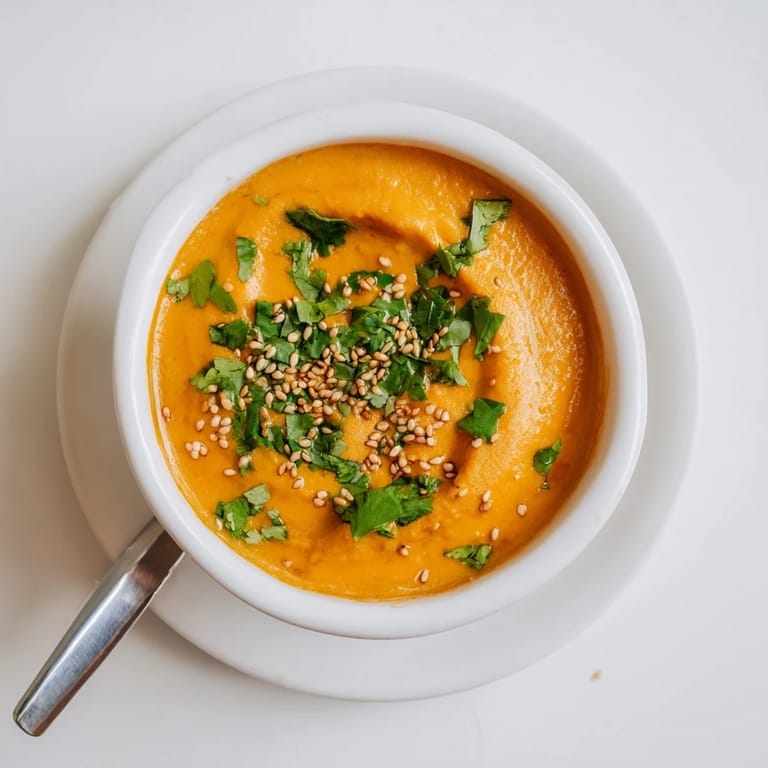 Golden roasted Carrot Ginger Dip blended smooth, garnished with cilantro and sesame seeds alongside colorful veggie sticks and pita chips.