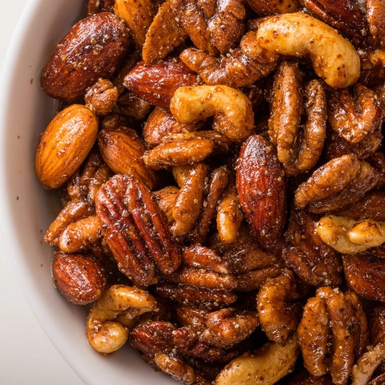 Spiced Nuts Mix in a white bowl, ready for snacking or adding to a festive cheese board.