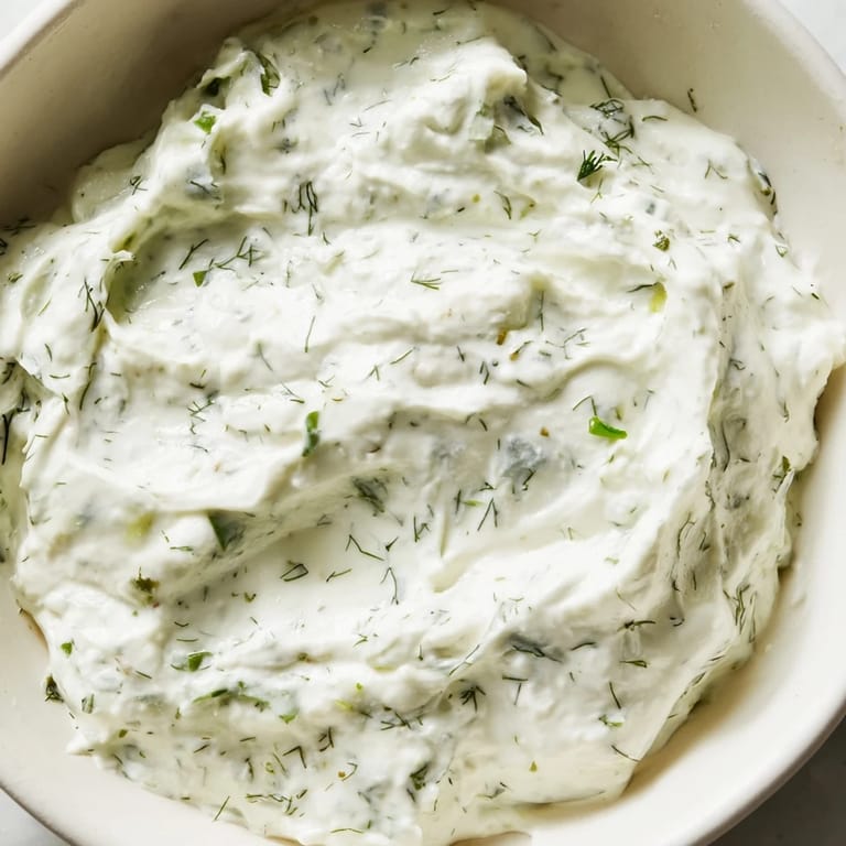 Platter with Greek Yogurt Herb Dip, pita chips, and crisp cucumber, bell pepper, and carrot sticks.  