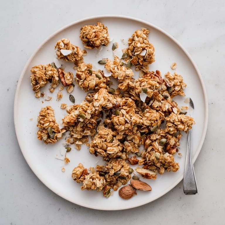 Golden homemade granola clusters from the baking sheet, showcasing toasted oats, pecans, almonds, and walnuts.