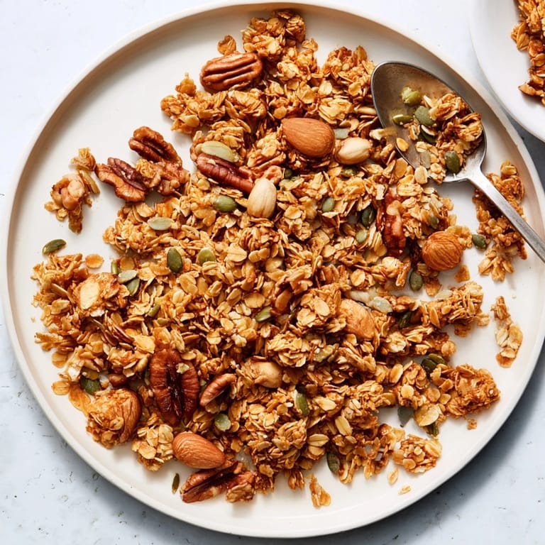 Crispy granola clusters with mixed nuts and coconut, ready to enjoy with milk or yogurt.