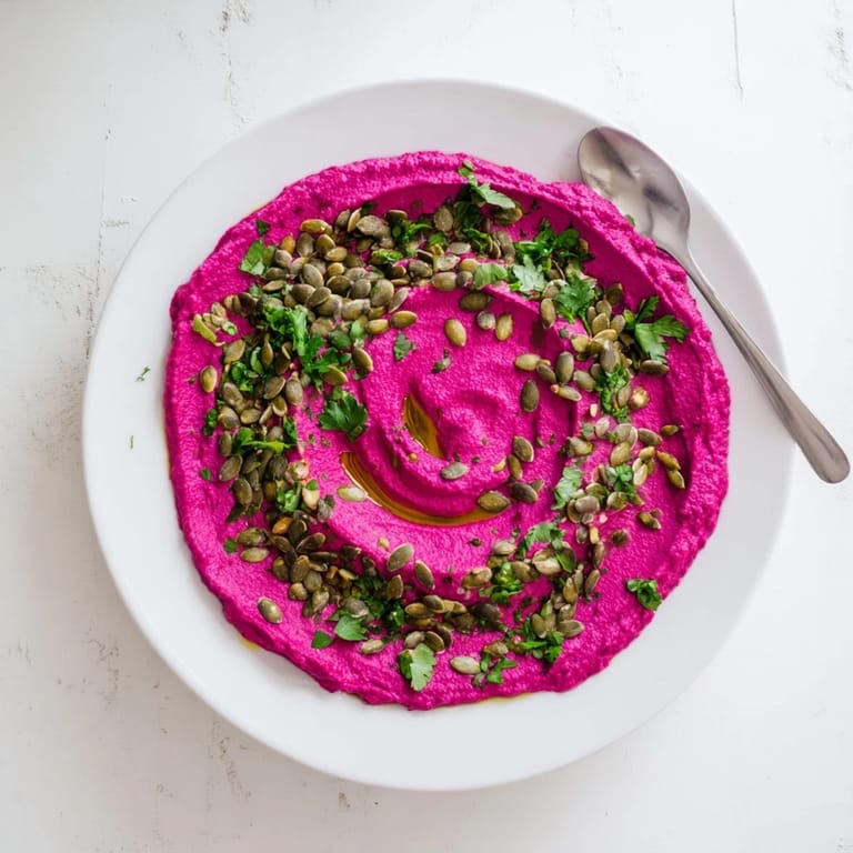 A creamy Beet Hummus with a bright pink hue, served alongside sliced cucumbers, carrots, and warm pita bread for a healthy snack.
