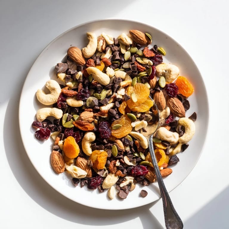 This Trail Mix Custom features dried apricots, pumpkin seeds, and chocolate chips in a bright kitchen scene.  