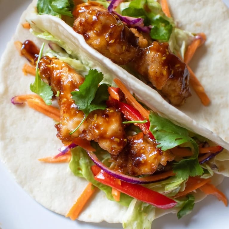 Freshly assembled Honey Sriracha Chicken Wrap held in hands, with drips of sticky sweet-spicy sauce on the soft flour tortilla.  