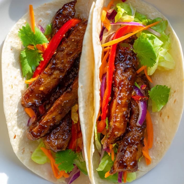 Overhead view of a plated Honey Sriracha Chicken Wrap garnished with cilantro, alongside julienned carrots and a small bowl of extra sauce.