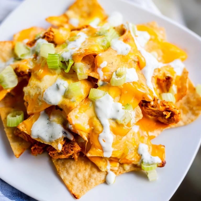 Golden baked Buffalo Chicken Nachos topped with fresh green onions and diced celery, drizzled with creamy ranch dressing on a rustic platter.