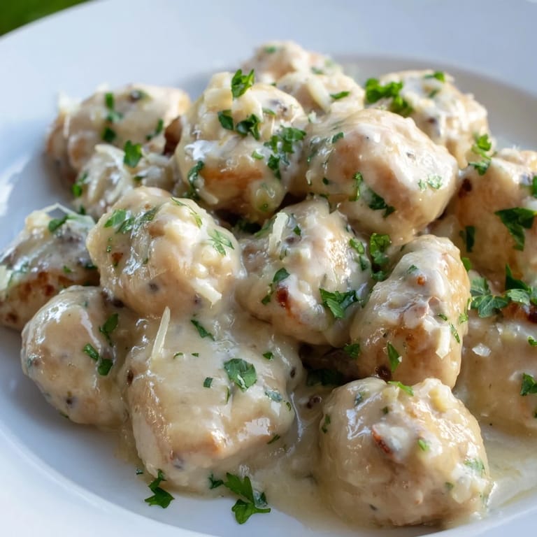 Juicy Creamy Garlic Chicken Bites coated in a velvety garlic cream sauce, ready to serve over pasta.