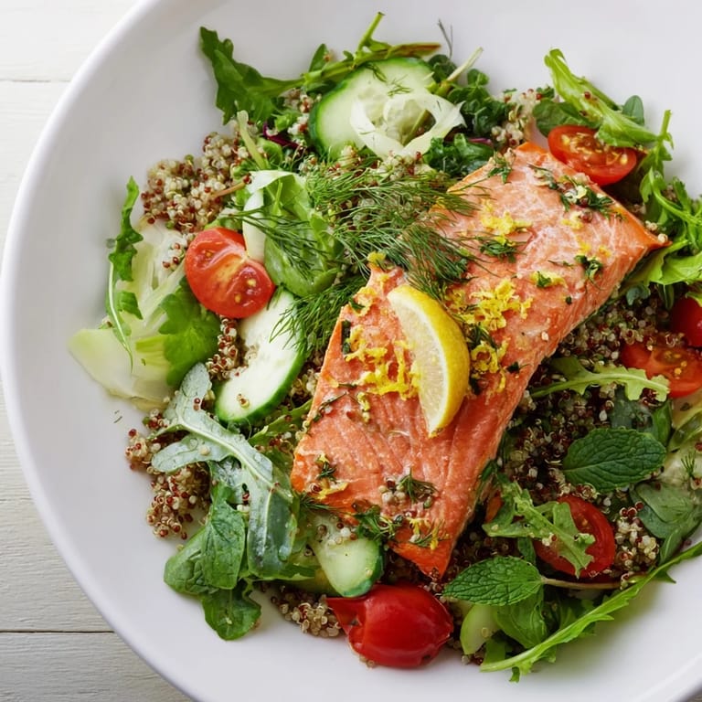 A close-up of flaky lemon herb salmon salad served on mixed greens, featuring cucumber, red onion, and herbs.