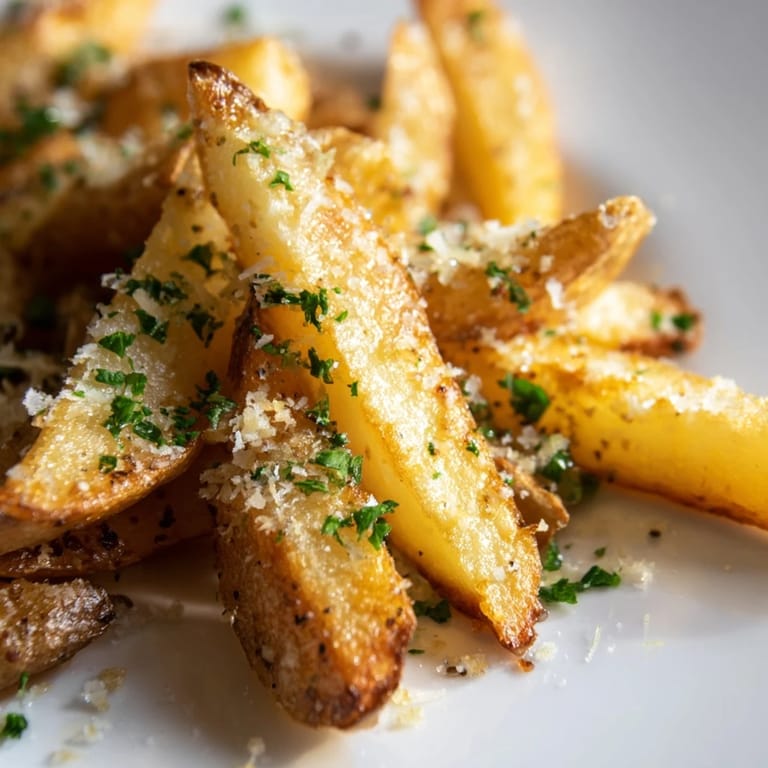 A close-up of golden Truffle Parmesan Fries reveals their crunchy texture and fluffy centers, ready to be enjoyed alongside creamy garlic aioli.