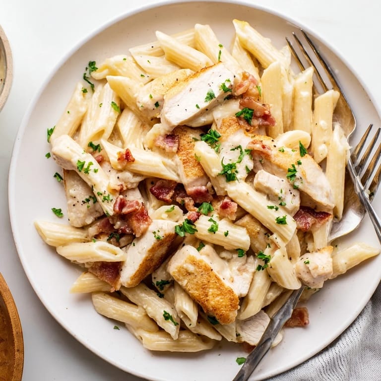Tender chicken pieces and crispy bacon bits are visible, alongside fresh parsley garnish, creating a comforting, hearty main dish.