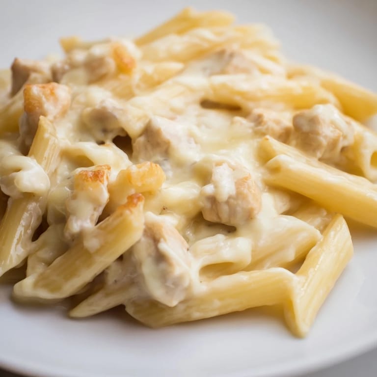 Family-style Chicken Alfredo Casserole with melted mozzarella and golden edges, perfect with a side salad for a comforting weeknight dinner.