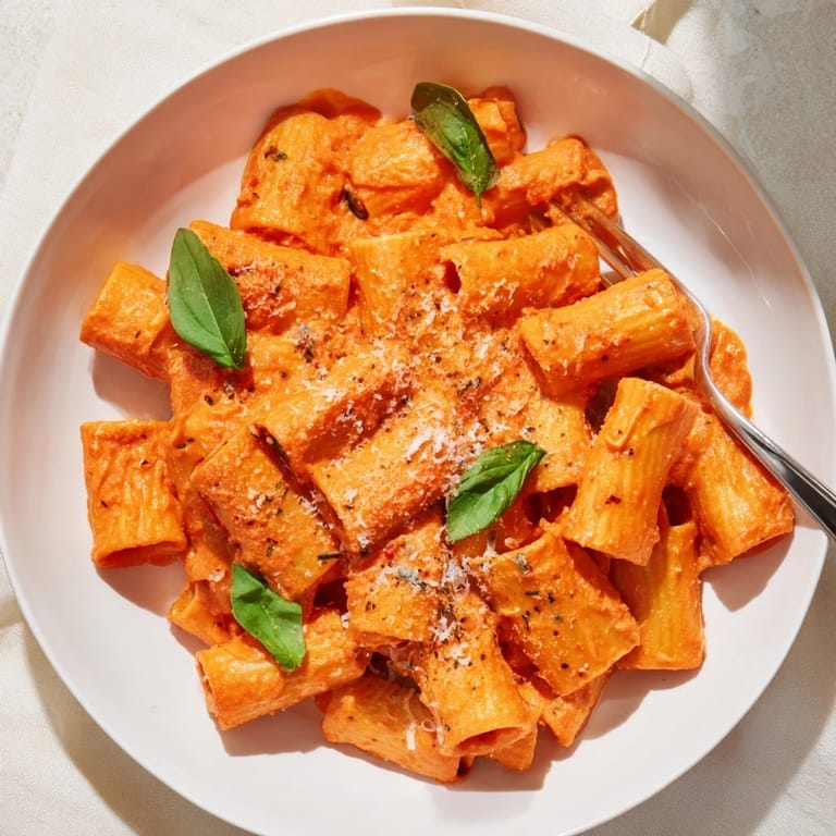 A warm skillet of Roasted Red Pepper Pasta beside a glass of crisp white wine.