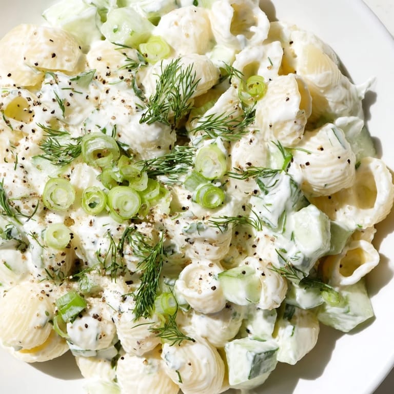 Everything bagel seasoning sprinkled over chilled pasta salad, perfect for picnics or summer potlucks.