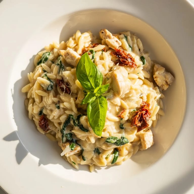 A close-up of Tuscan Chicken Orzo in a skillet, revealing tender chicken, garlic, and melty Parmesan sauce.