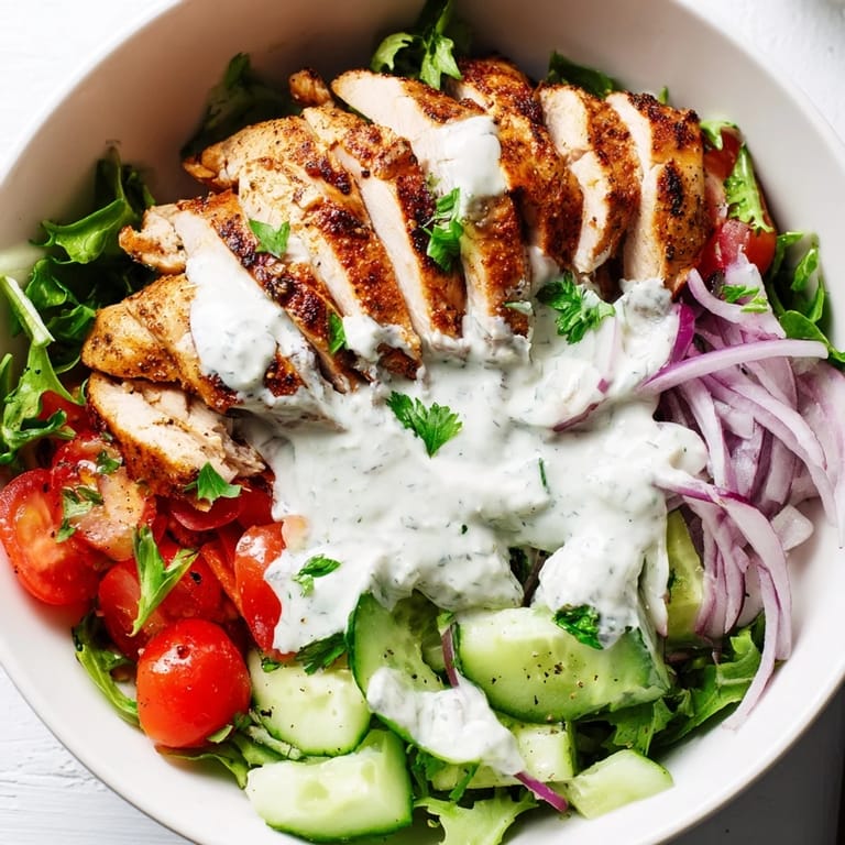 Gluten-free Chicken Shawarma Salad Bowl garnished with red onion and parsley, served as a vibrant main dish perfect for lunch or dinner.