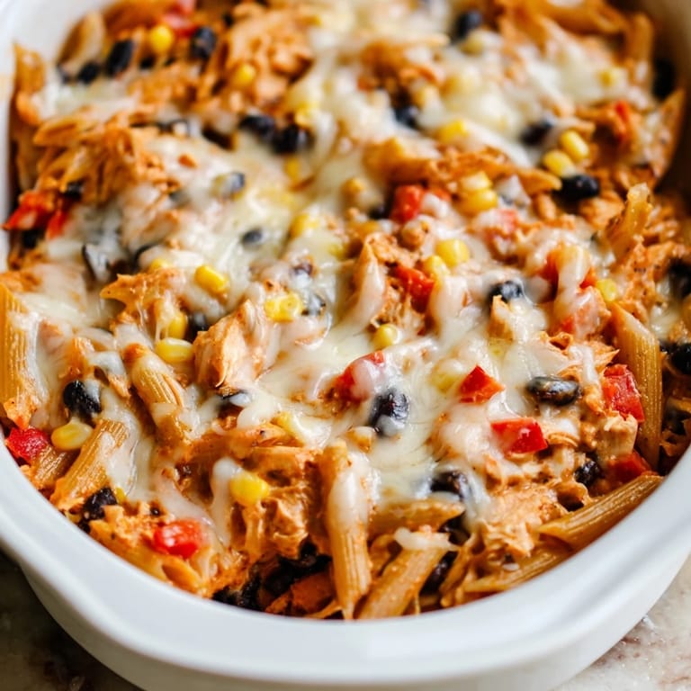 A hearty slice of Tex-Mex Chicken Burrito Pasta Bake is lifted from the dish, revealing layers of pasta and melted cheese.