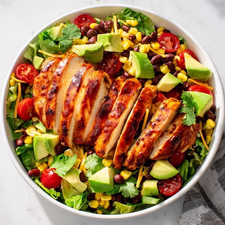 Bright honey lime chicken taco salad features diced avocado, cherry tomatoes, and crunchy tortilla strips for texture.