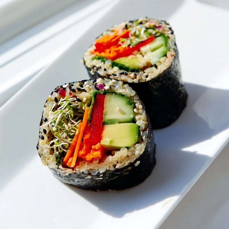A platter of bite-sized nori rolls with vegetables, served alongside soy sauce, pickled ginger, and wasabi for dipping.