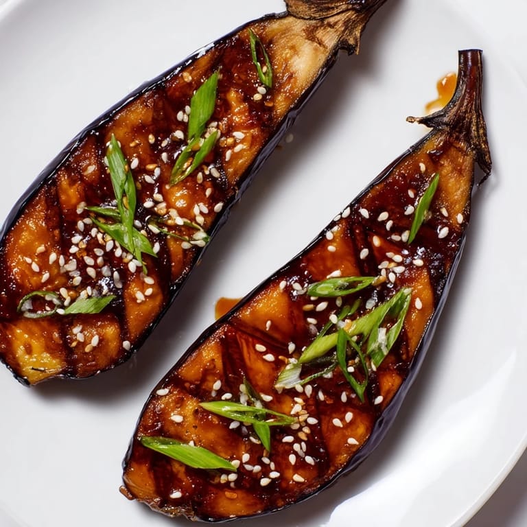 Caramelized Miso Glazed Eggplant served warm as a vibrant side dish, ready for a Japanese-inspired meal.
