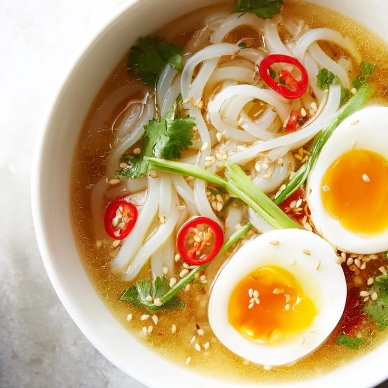 Warm shirataki noodles with broth, featuring tender egg halves and vibrant green scallions.