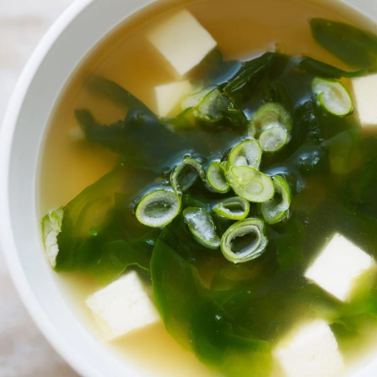 A nourishing serving of wakame soup featuring delicate seaweed and soft tofu in a savory dashi broth.