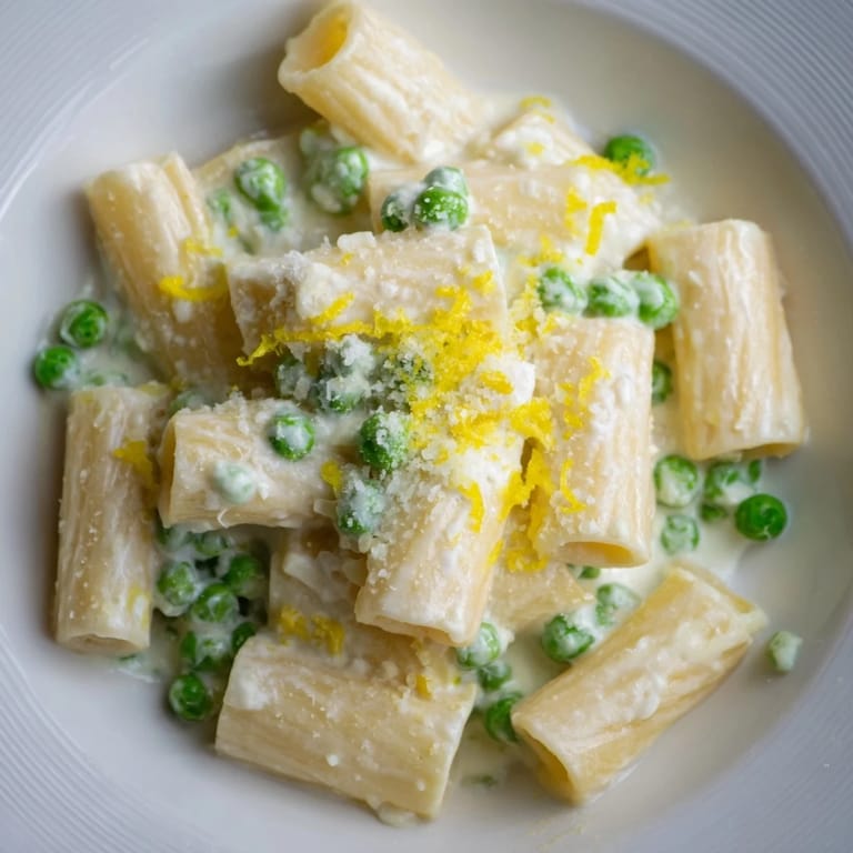 Steaming bowl of pea and lemon ricotta pasta featuring al dente rigatoni, vibrant peas, and a zesty, creamy finish.