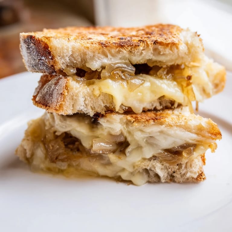 Two halves of a gourmet Caramelized Onion & Gruyère Grilled Cheese sit on a rustic wooden board, with melted cheese stretching between the golden crusts.