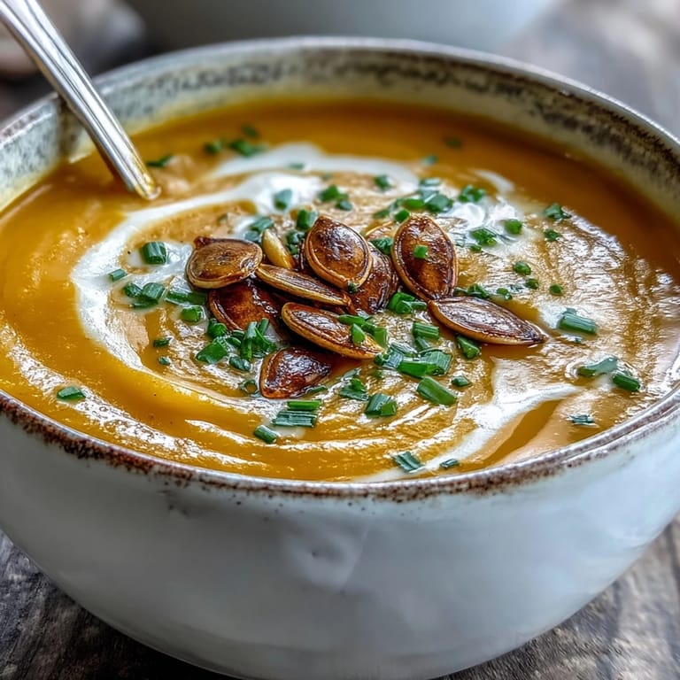 Roasted acorn squash blended into a velvety Acorn Squash Soup, topped with toasted seeds for added crunch.