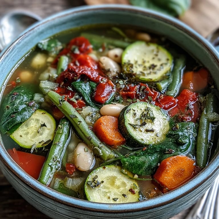 Hearty Italian Herb Vegetable Soup simmering in a pot with green beans, celery, and cannellini beans, ready to be ladled out.