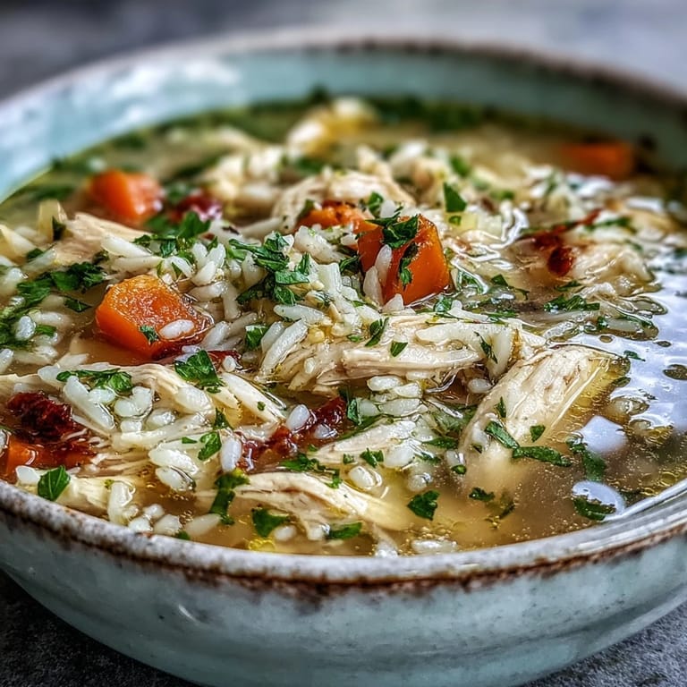 A ladle lifting a hearty portion of Cozy Winter Chicken and Rice Soup from a Dutch oven, revealing fluffy rice and savory vegetables perfect for a family dinner.