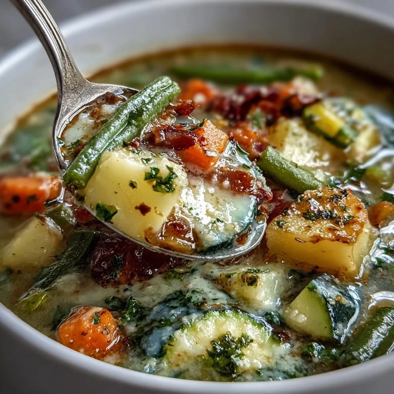 Hearty Parmesan Veggie Soup simmering in a large pot with colorful diced vegetables and a Parmesan rind for flavor.