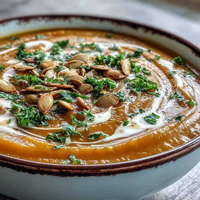 Smooth pumpkin soup swirled with cream in a white bowl on a wooden table.