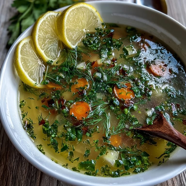 A clear glass spoon lifts a portion of bright Lemon Herb Soup with vibrant green herbs and diced vegetables.
