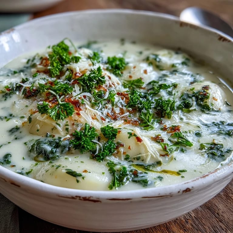 A bowl of Garlic and Herb Soup topped with chives, beside crusty bread slices.