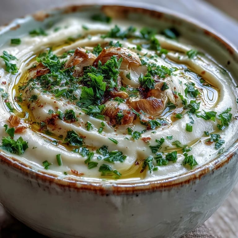 Roasted Garlic and Herb Soup served warm, with golden-brown roasted garlic cloves blended into the broth.