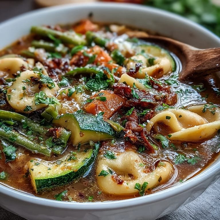 Close-up of Vegetable Minestrone soup, showcasing colorful diced carrots, zucchini, and cannellini beans in a rich, herb-infused tomato broth.