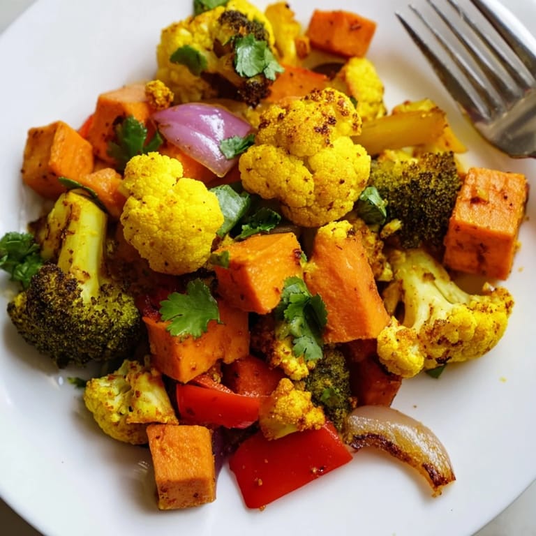 A close-up of Anti-Inflammatory Turmeric Roasted Vegetables with vibrant cauliflower, sweet potato, and red onion on a rustic board.