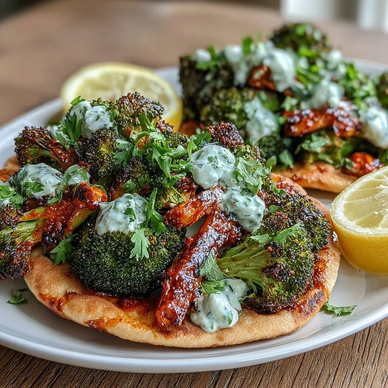 Sizzling Harissa Broccoli fresh from the oven, ready to be served on warm flatbreads.