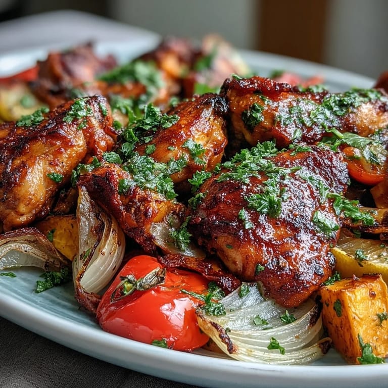 This one-pan Chicken and Sweet Potato Traybake shows tender, juicy chicken thighs nestled between caramelized red onion wedges and sweet peppers. Soft roasted sweet potato pieces soak up the bold piri-piri spices for a flavorful Mediterranean-inspired meal.