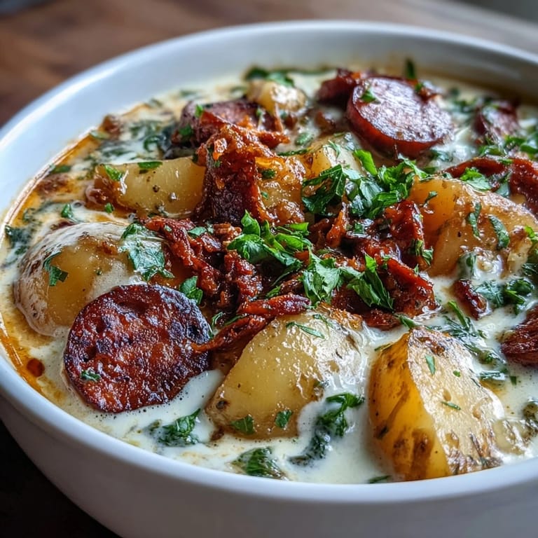Close up view of Potato, Leek and Chorizo Soup garnished with fresh parsley and extra chorizo on top.