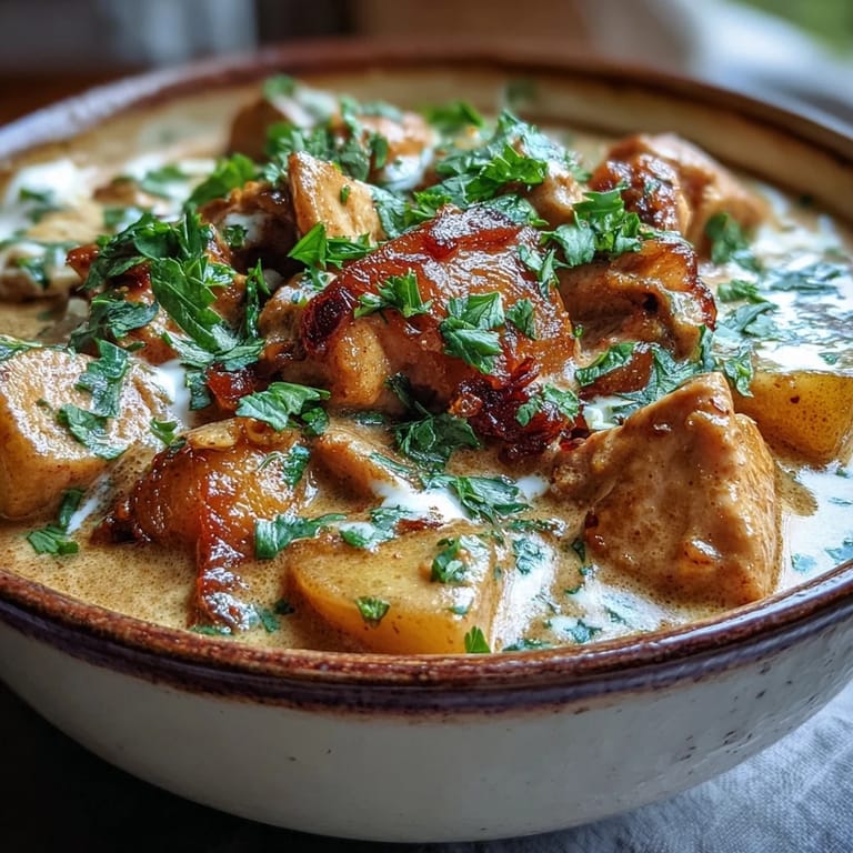 Fragrant Easy Chicken Curry in a skillet, featuring vibrant spices and a swirl of heavy cream for a velvety finish.