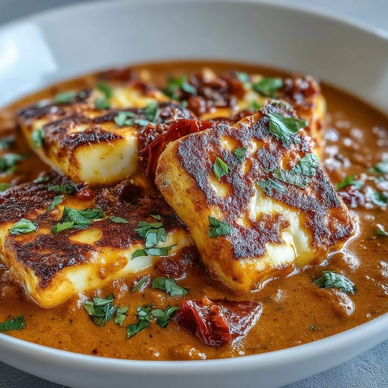 Vibrant, steaming Creamy Halloumi and Tomato Curry topped with fresh cilantro and lemon wedges.
