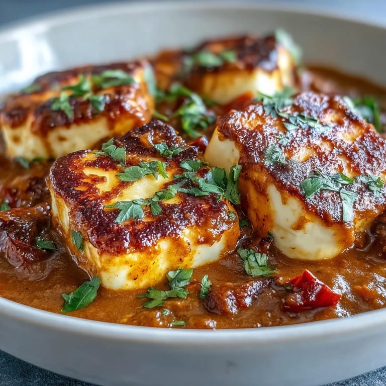 A hearty bowl of Creamy Halloumi and Tomato Curry served with fluffy rice.