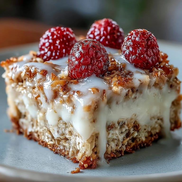 Crumbly Baked Oatmeal with Raspberry and Coconut served warm in a ceramic dish.